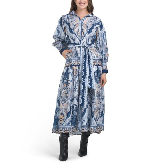 NANCY YANG Blue Belted Shirt Dress